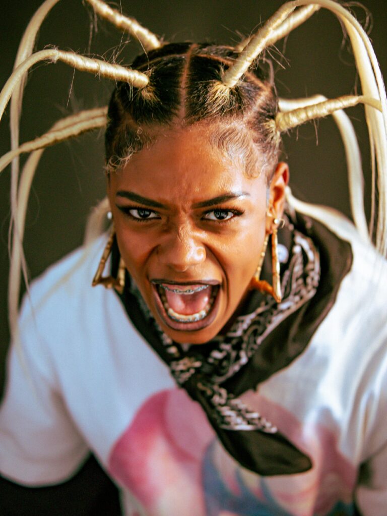 Vibrant portrait of a young woman with braided hairstyle and bold expression, indoors.
