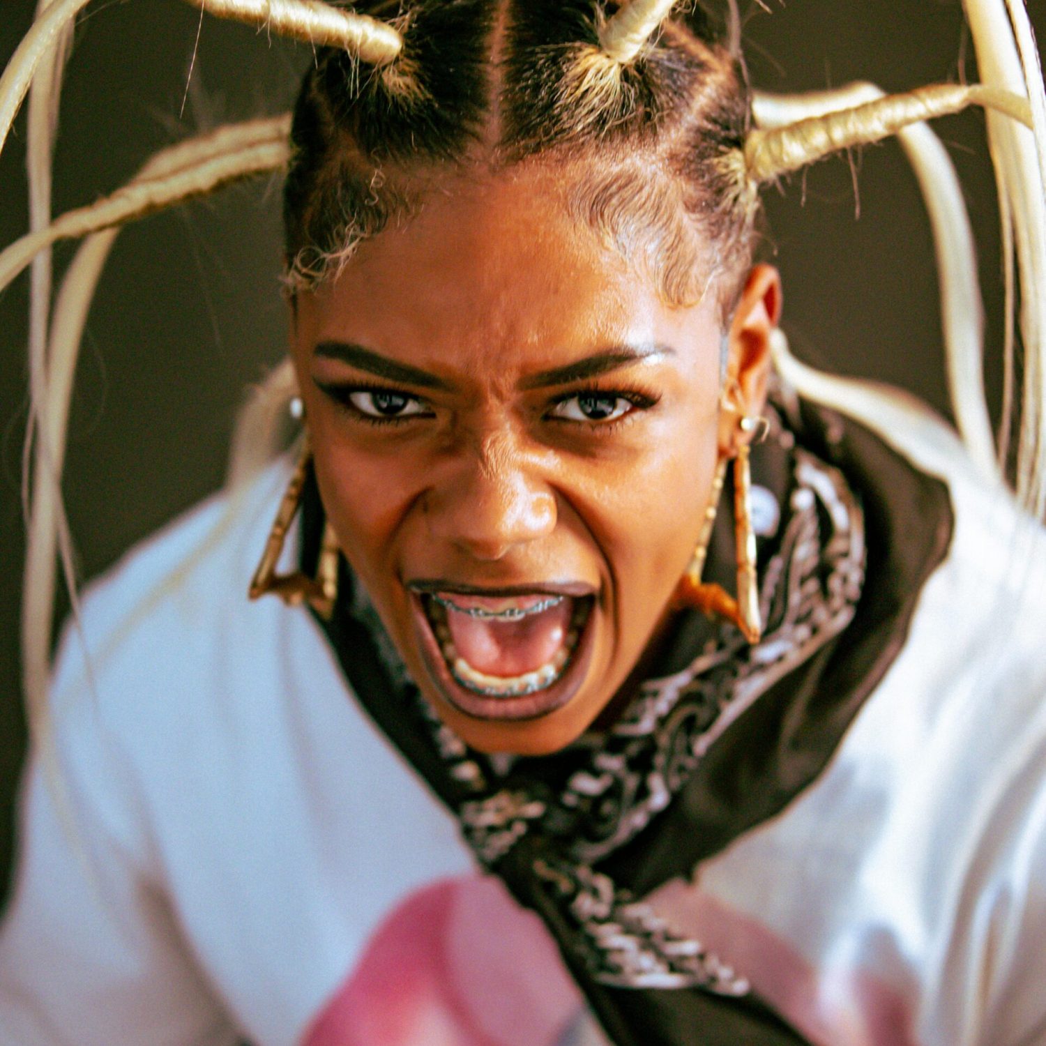 Vibrant portrait of a young woman with braided hairstyle and bold expression, indoors.